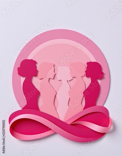 elegant 2d paper cut out collage of five women viewed in profile, simplified silhouettes with distinct hairstyles, layered pastel pink and magenta shapes, soft lavender background glow