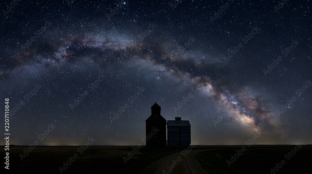 Fototapeta premium Milky Way Arching over Silhouetted Grain Elevators at Night