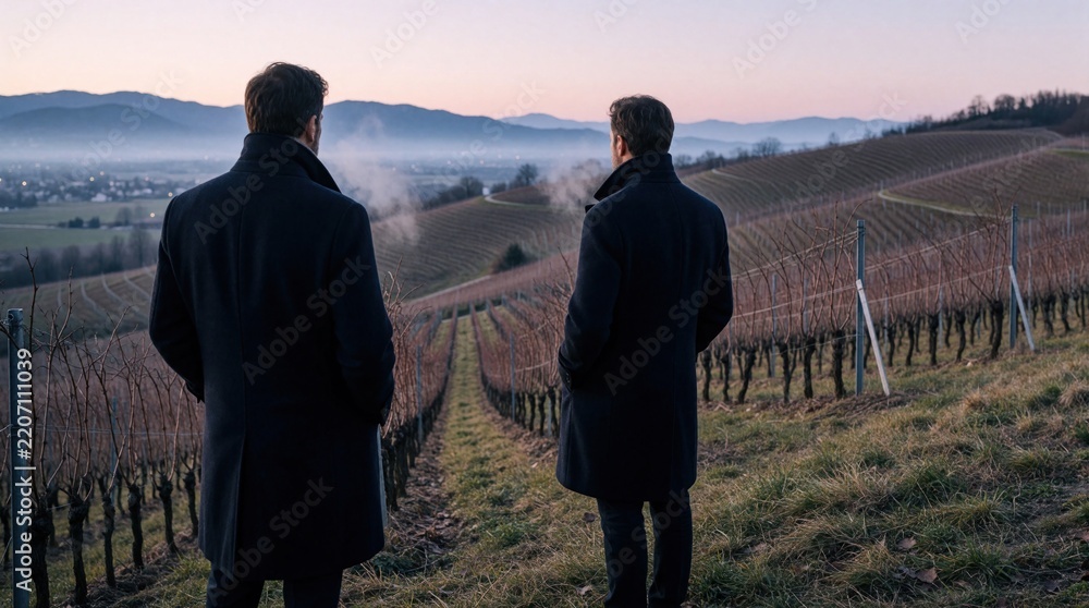 Obraz premium Two men in dark winter coats stand on hillside looking at dormant vineyard rows. Cold morning mist covers valley between hills. Solitary figures observe rural landscape during early March at dawn.