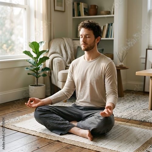 Healthy Living  of Young man Practicing Yoga Meditation at Home