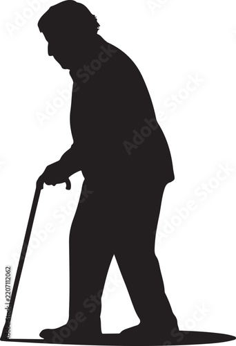 Silhouette of an elderly man with a cane against a white background