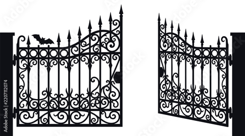 Scary wrought iron cemetery gates featuring sharp spikes and a flying bat silhouette shape