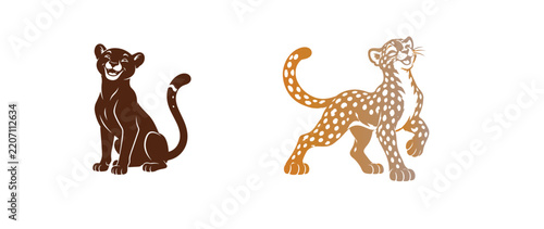 Two cute brown leopard cartoon illustrations standing and sitting playfully