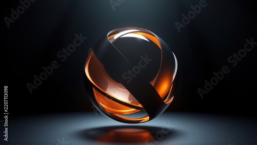 Glossy sphere with dark ribbon wrapping around it. Orange glow emanates from within, reflecting on surface. Dramatic lighting creates strong contrast.