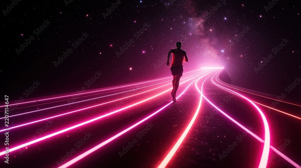Fototapeta premium Male athlete runs on glowing neon track towards bright light. Person sprints through dark space with stars, milky way. Concept of speed, progress, future success in digital world. Runner pursues goal