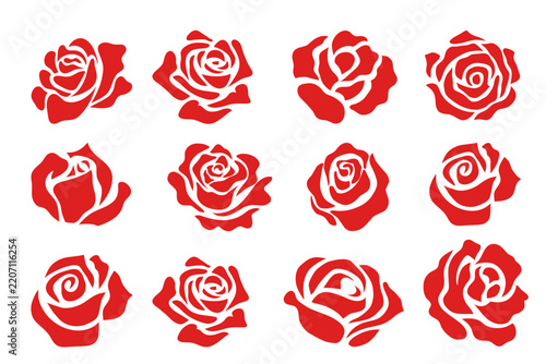 Red Rose Flower Vector Pattern and Floral Icon Set