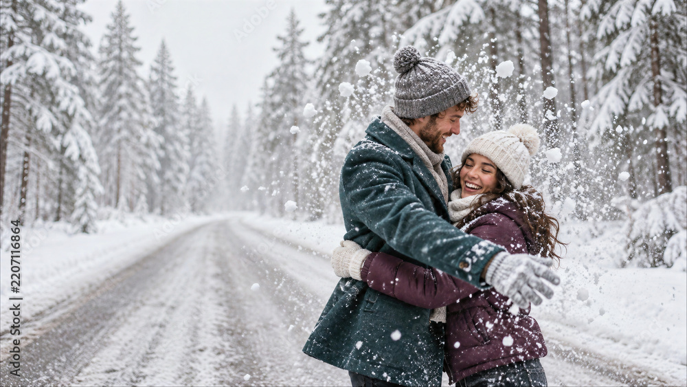 Fototapeta premium Happy romantic couple hugging and playing in falling snow on winter forest road