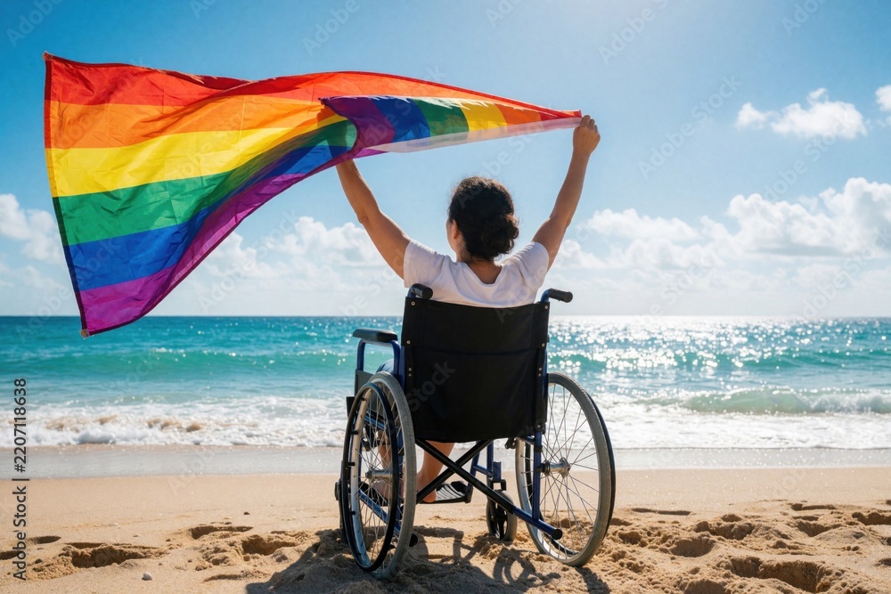 Obraz premium Disabled woman sits in wheelchair on sandy beach holding large rainbow pride flag. Person celebrates LGBTQ identity with colorful flag under blue sky near ocean waves. Summer vacation concept of