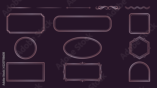 Set of elegant rose gold frames and dividers on a dark purple background