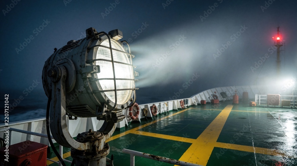 Fototapeta premium Powerful searchlight shines bright beam on wet ship deck at night. Marine spotlight illuminates foggy sea for vessel navigation, safety. Industrial maritime equipment works in dark ocean weather