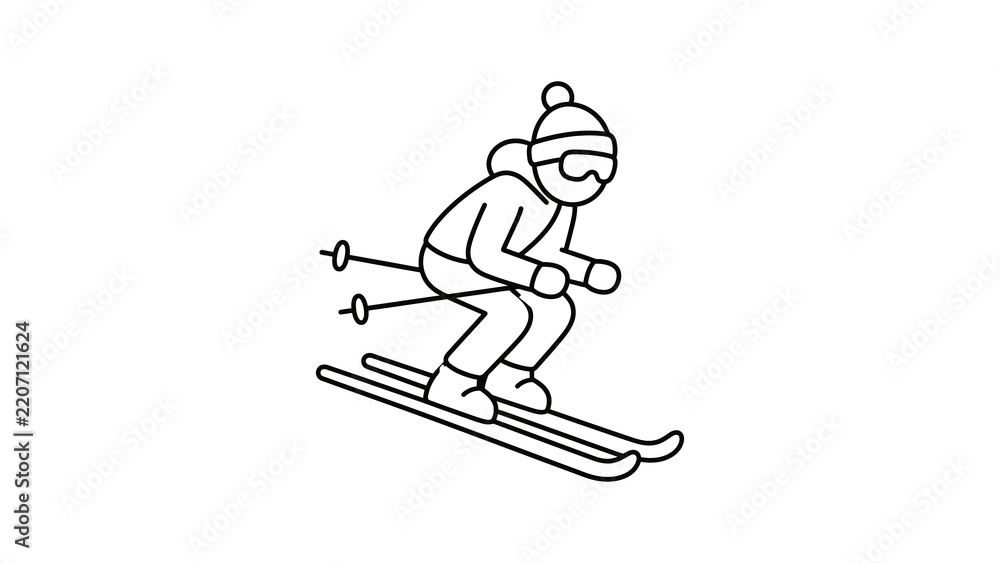 Obraz premium Person wearing winter gear skiing down slope in black outlined style art.