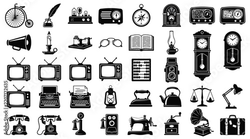 Detailed collection of antique household objects rendered in a bold black and white vector style