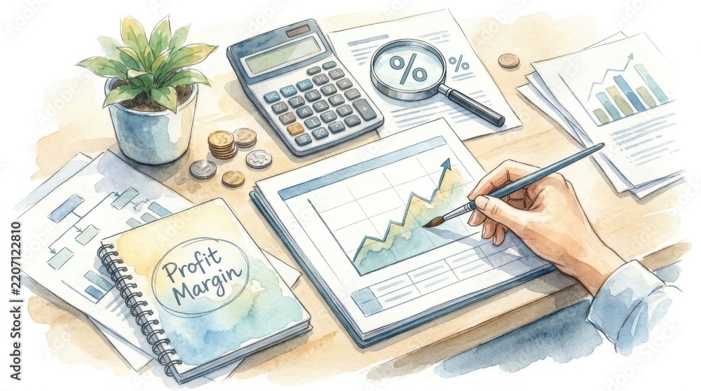 Obraz premium small business profit margin calculation Business workspace with financial charts, calculator, and profit margin notes
