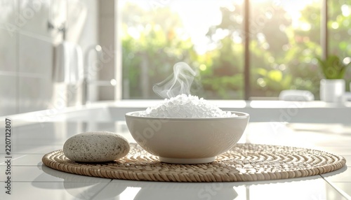 Steaming white granular substance in a porcelain bowl on a woven mat near a bright kitchen window