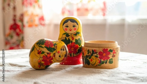 Traditional Russian Nesting Dolls Displayed with Floral Motifs on a Table