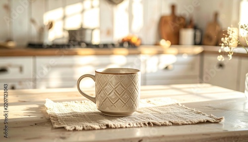 Textured ceramic coffee mug placed on a linen mat in a sunlit kitchen