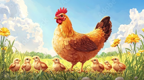 Brown hen and fluffy chicks enjoying peaceful golden harvest high resolution picture