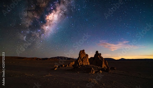 Vast Milky Way Arching Over Dramatic Rock Formations in Desert Landscape