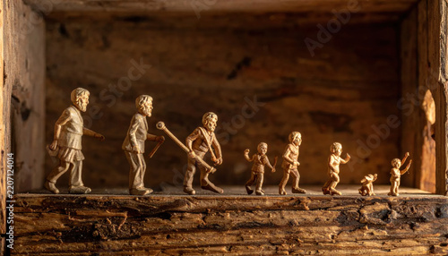 A progression of human figures depicting the journey of evolution from ancient ancestry to modern development.