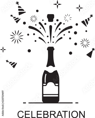 Minimalist black and white illustration of a champagne bottle popping with festive party elements and celebration text