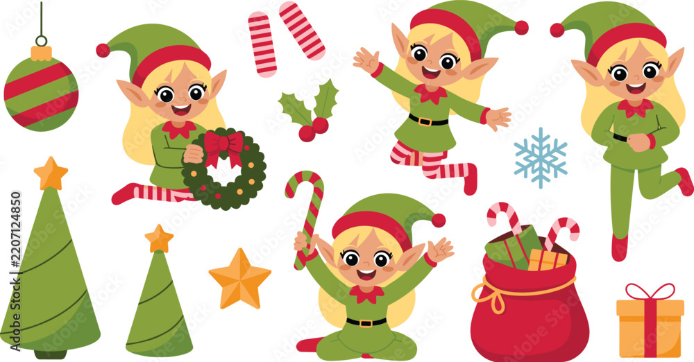 Obraz premium Christmas elf girl cartoon characters vector collection featuring cute little helpers with trees wreath candy canes and gift sack isolated on white background