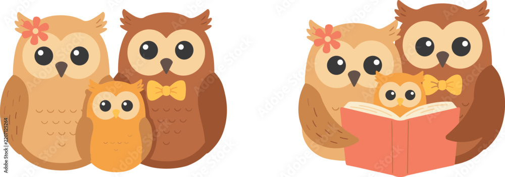Obraz premium Cute cartoon owl family vector collection featuring sweet bird parents with baby owlet reading a book together for education concepts isolated on white background