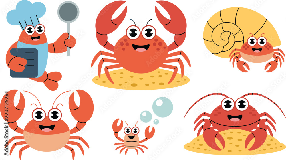 Fototapeta premium Cute crab cartoon characters vector collection featuring red sea crabs chef crab lobster hermit crab and aquatic beach wildlife isolated on white background