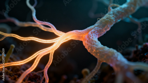 Close-up of mycelial hyphae fusing during anastomosis, depicted as glowing threads merging in darkness, abstract scientific art style
