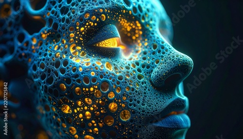 Abstract portrait made entirely of microscopic glowing fungal spores