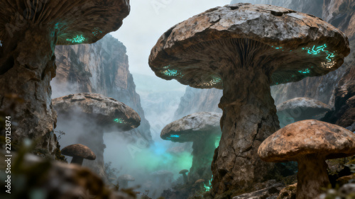 Monumental stone-like fungi structures in a misty canyon