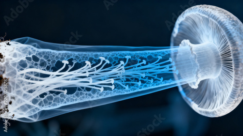 X-ray style transparent illustration of mushroom internal tissue structure (hyphae bundles inside stipe), blue-and-white medical scan aesthetic