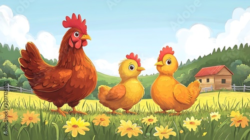 Cute chickens standing together near wooden farmhouse colorful garden high resolution picture