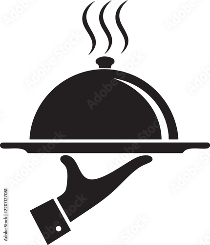 Black silhouette of a hand holding a serving tray with food dome and steam simple flat vector icon design element for restaurant and catering menus isolated on white background