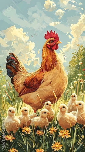 Cute hen and chicks surrounded by wheat crops outdoors high resolution picture