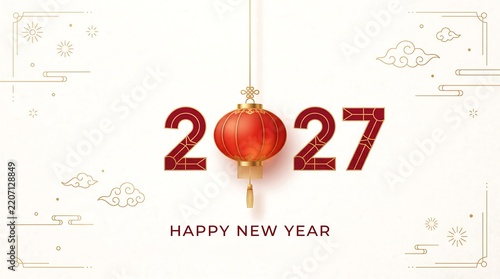 Chinese New Year 2027 Greeting Card Design with Red Lantern