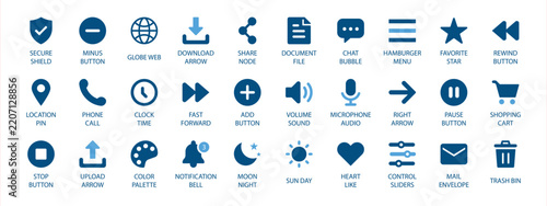 Basic UI solid icon set. Featuring hamburger menu, notification bell, and color palette. Vector icons for shopping cart, control sliders, and microphone audio.