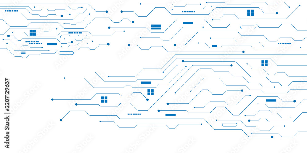 Obraz premium Futuristic technology circuit board background, blue electronic PCB lines and digital nodes vector illustration, abstract cyber motherboard pattern for high tech systems