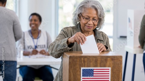 Senior woman casting her ballot during an election inside a polling station