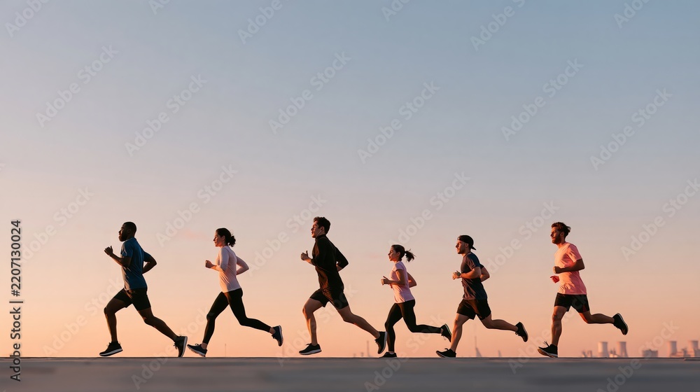 Obraz premium Diverse group of six young adults jogging together along a paved waterfront path at sunset, silhouetted against pastel sky with distant city skyline visible in the background