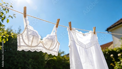 White Lingerie and Nightgown Drying on Clothesline in Sunny Backyard