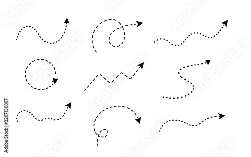 Set of hand drawn dotted and dashed curved arrows vector illustration