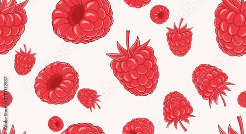 Delightful seamless food pattern showcasing ripe red raspberries with green leaves scattered over a soft pink background.