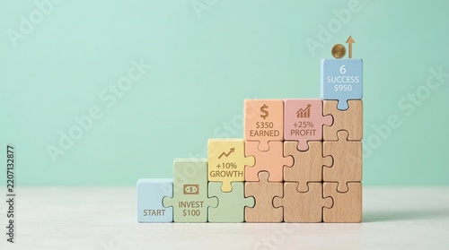 Colorful Jigsaw Puzzle Stairs Representing Business Growth and Financial Success Achievement Concept