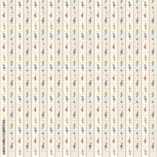 Dainty Vintage Floral Pattern with Vertical Stripes and Colorful Small Flowers
