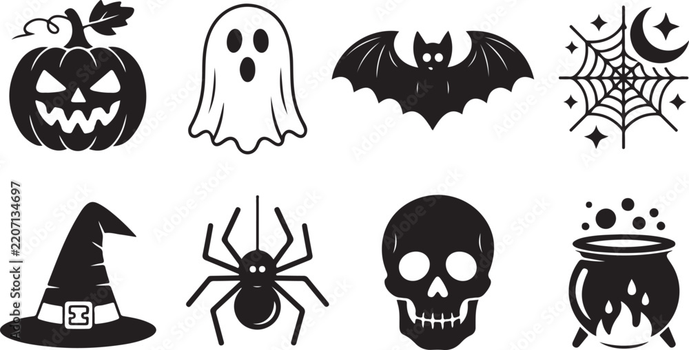 Fototapeta premium Halloween icons featuring jack o lantern ghost bat and skull silhouettes on white