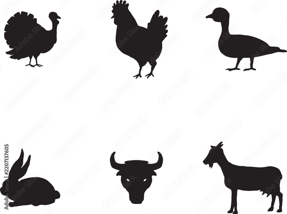 Fototapeta premium Set of farm animal silhouettes including turkey, chicken, duck, rabbit, bull head, and goat