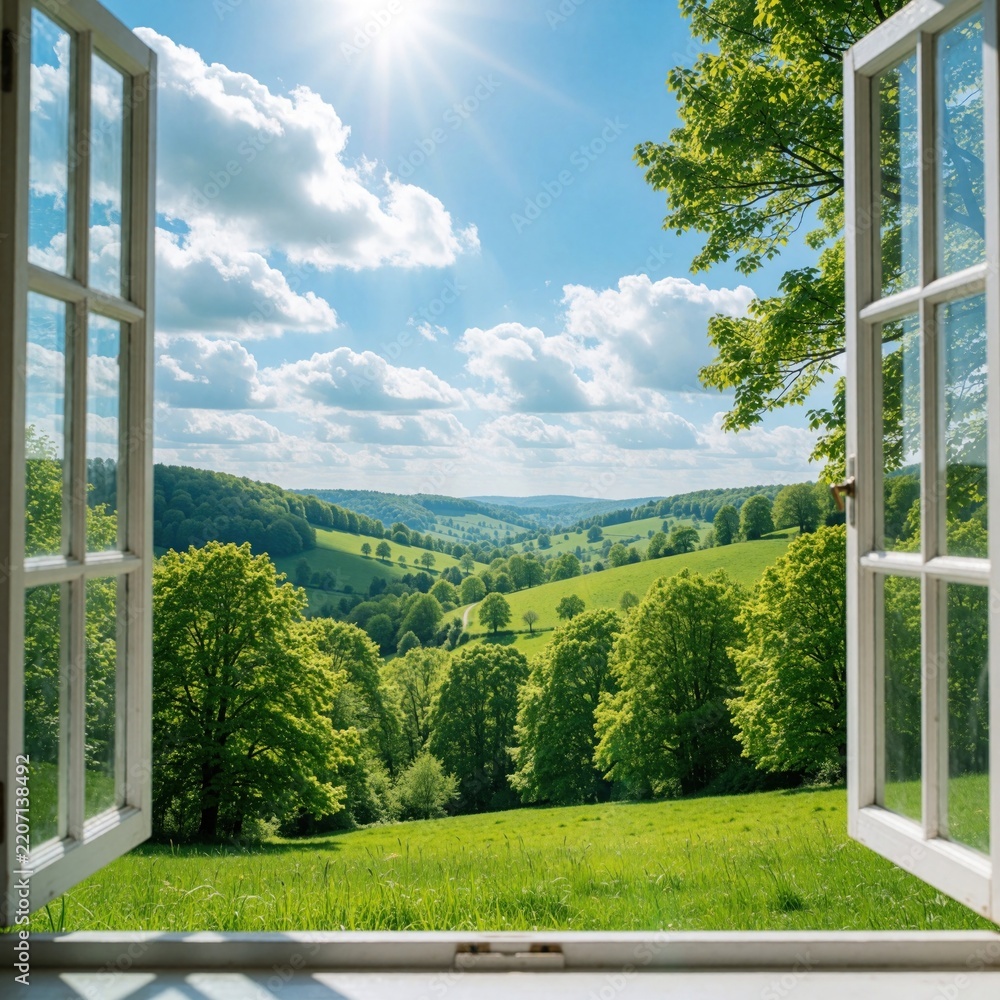 Obraz premium View through open white window frame to green hills, forest. Summer landscape with bright sun, blue sky, fluffy clouds. Rich trees, grass meadow under sunny weather. Peaceful nature scene from house