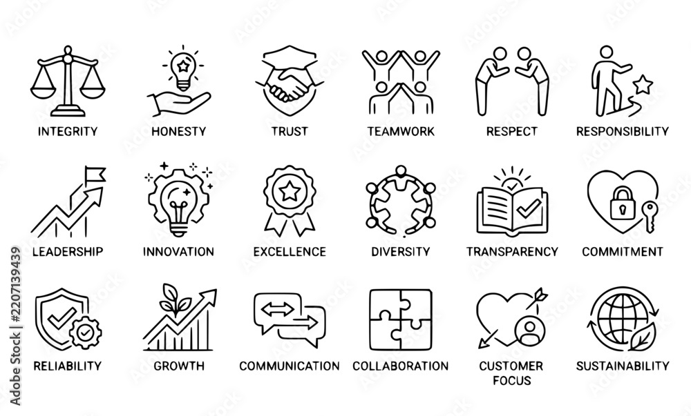 Fototapeta premium Core Values and Business Principles Thin Line Vector Icons