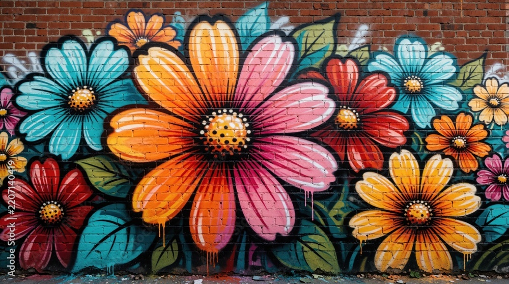 Fototapeta premium Colorful flower graffiti on old brick wall. Large bright floral mural with pink orange, blue blossoms. Urban street art decoration shows artistic pattern with green leaves, petals. Vibrant spray