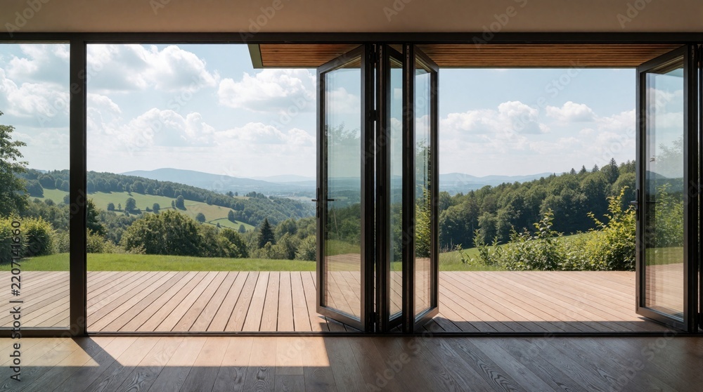 Obraz premium Modern aluminum folding doors open to large wooden terrace. View of green hills, forest under blue sky. Bright sunlight fills living room through glass bifolds. Luxury house architecture connects